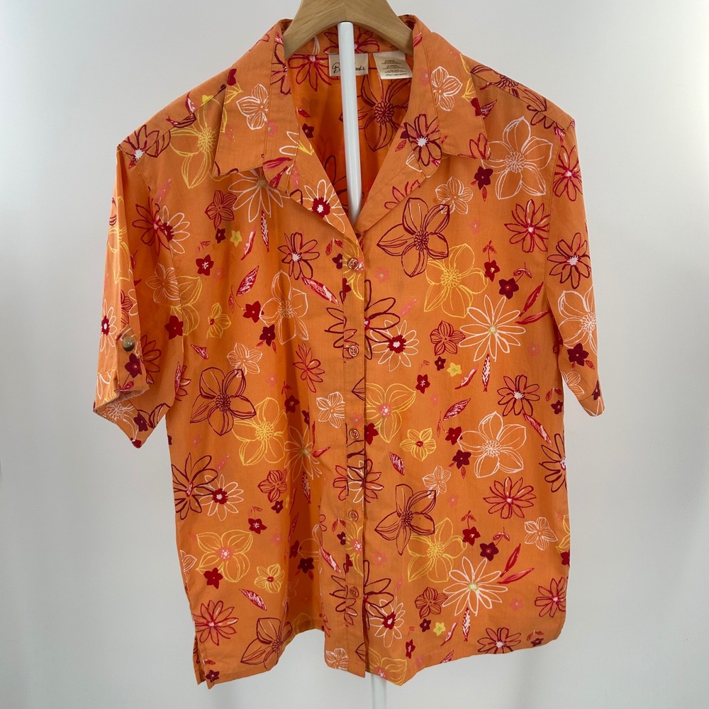 Bobbie Brooks Orange Floral Short Sleeve Button Down Shirt Large BB3SU153